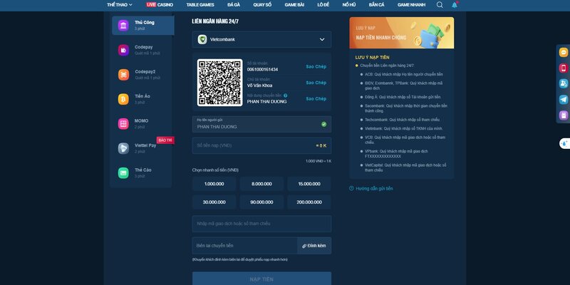 Hướng dẫn tân thủ nạp tiền Lucky88 thông qua ngân hàng online